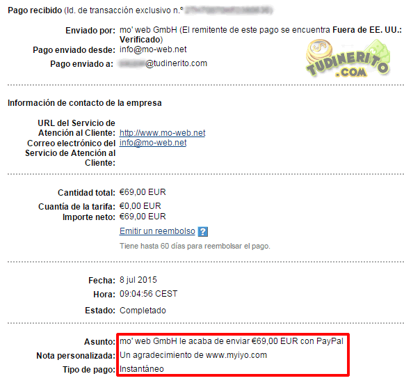 Comprobante de los 69 euros cobrados en Myiyo 69-euros