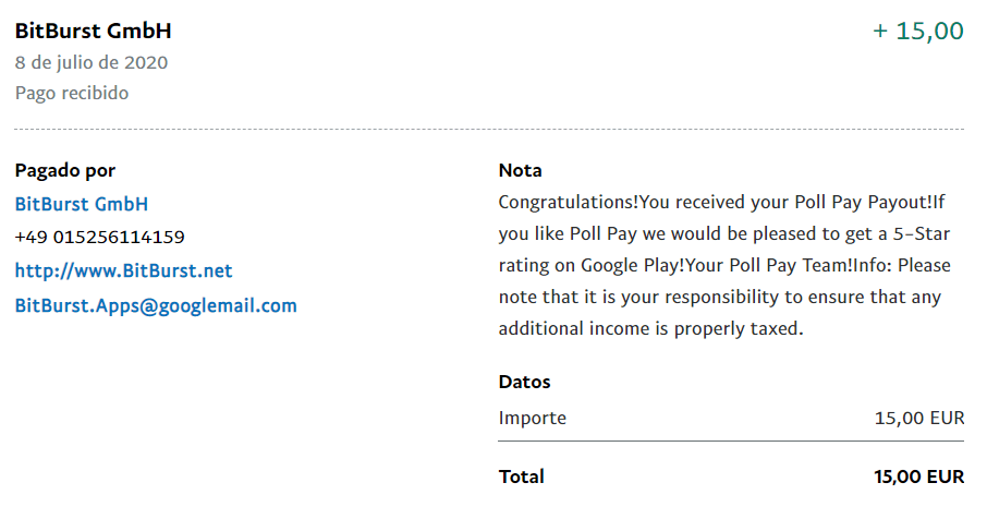 Prueba de pago de Poll Pay Pago poll pay