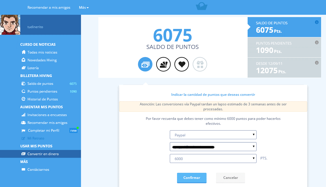 Momento en que solicité un pago en Hiving canjear-saldo-hiving