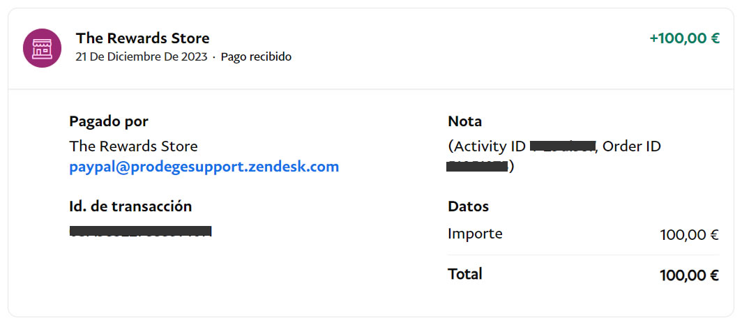 Prueba de pago de cien euros