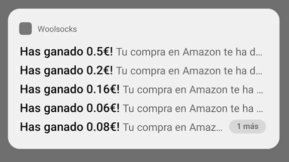 Notificaciones de cashback generado en Amazon