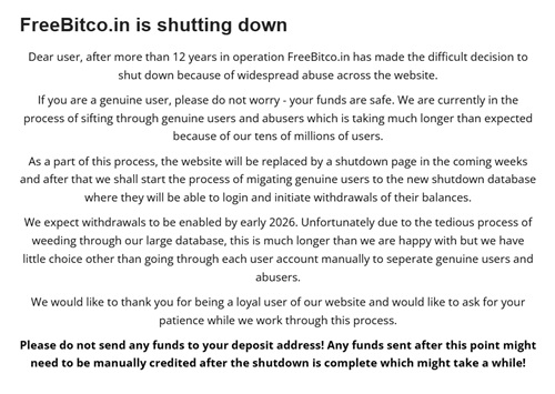 Comunicado de Freebitco.in avisando del cierre de la plataforma