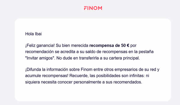 Mensaje de Finom informando de los 50€ ganados por invitar un autónomo