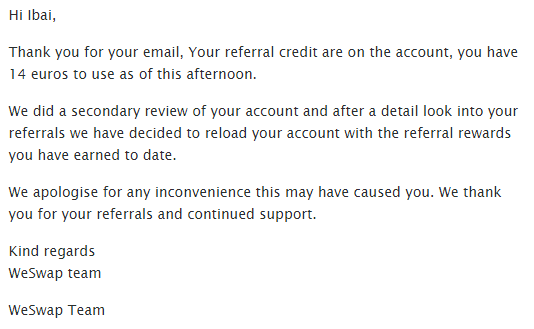 Segundo email de WeSwap disculpas