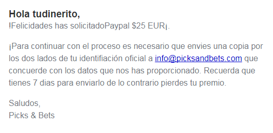 Mensaje que recibes al canjear un premio por PayPal en Picks and Bets identificación