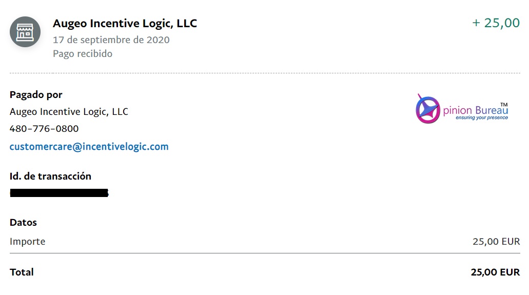Pago de 25€ de Augeo Incentive Logic Pago Augeo Incentive Logic