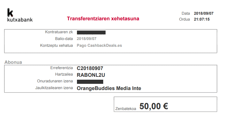 Prueba de pago de CashbackDeals Pago CashbackDeals