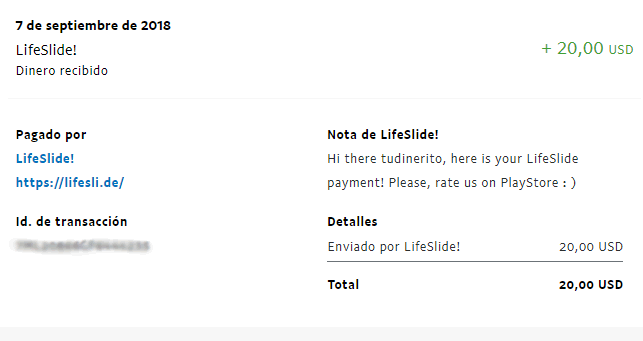 Prueba de pago de LifeSlide Pago LifeSlide