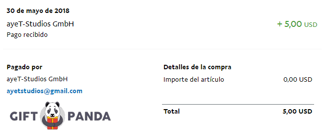 Pago de 5$ recibido en mi cuenta de PayPal Pago paypal GiftPanda