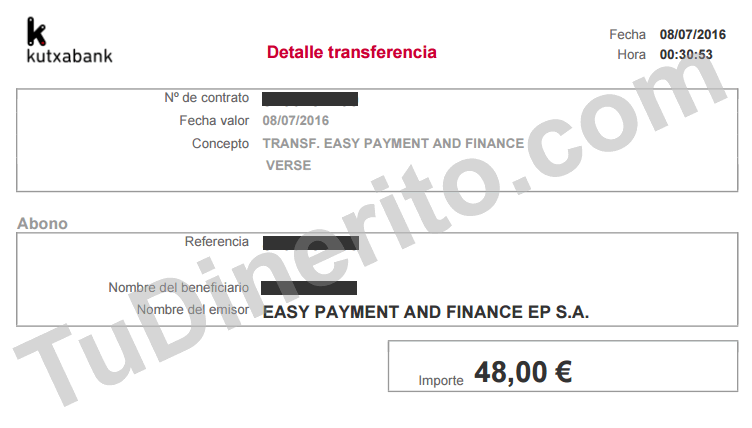 Extracto bancario del pago recibido de Verse (48€) pago-verrse-48-euros