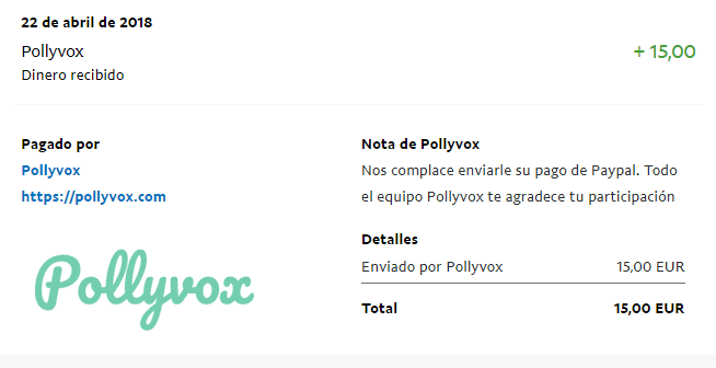 He ganado 15€ en la web de encuestas Pollyvox Pago pollyvox abril