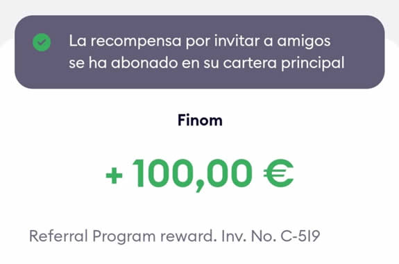 Recompensa recibida por invitar dos autónomos a Finom