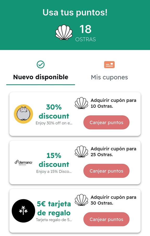 Premios disponibles en la app Ostras