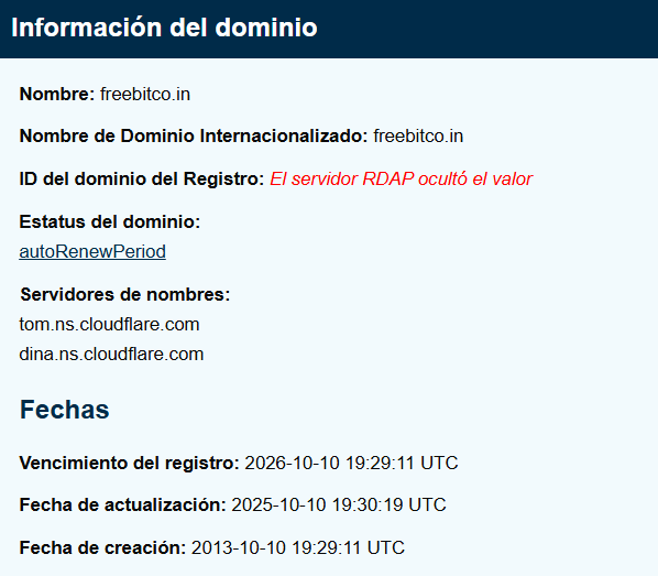 El dominio ha sido renovado hasta el 10 del 10 de 2026