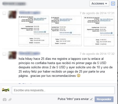 Testimonio recibido en facebook sobre Tapporo Testimonio Tapporo