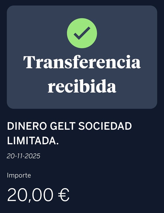 Transferencia recibida de GELT (20€)