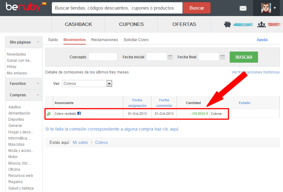 Mi cuenta en beruby donde se indica el cobro solicitado 1-oct