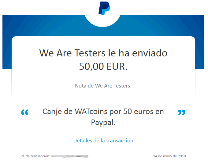 Comprobante de pago de los 50€ que he cobrado en We Are Testers 14 mayo