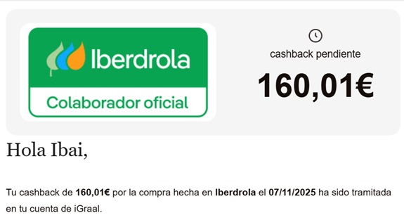 160€ por el cashback en Iberdrola