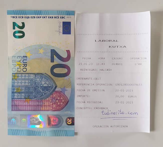 20€ y el recibido de cobro de Gelt