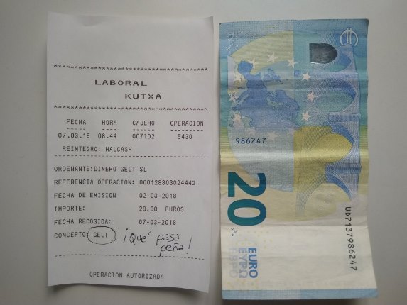 El justificante y el billete de 20 euros justificante y billete