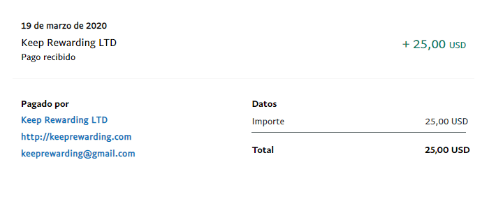 Prueba de pago de los 25 dólares cobrados en paypal 25 dólares