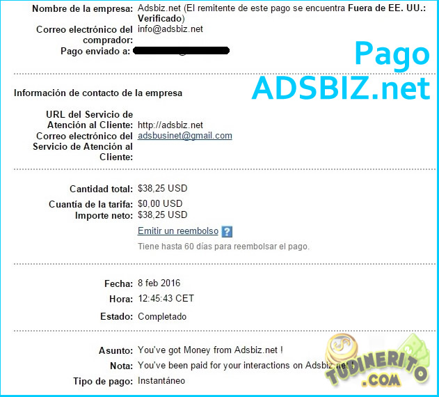 Prueba de pago de mi patrocinador en Adsbiz adsbiz-pago