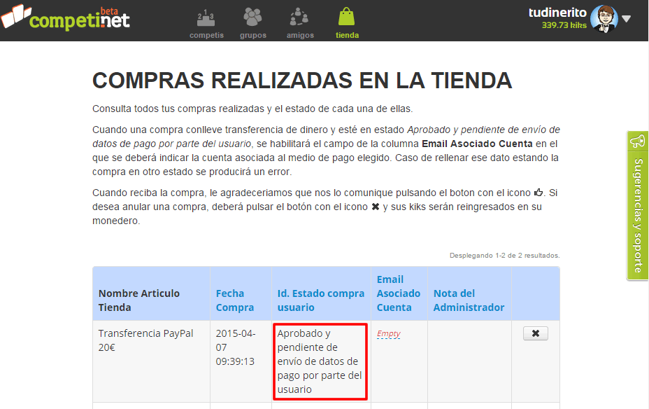 Aprobado y pendiente de envío de datos de pago por parte del usuario aprobado
