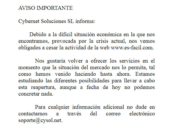 Aviso sobre el cese de Es-Fácil aviso