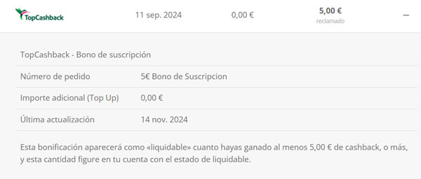 Bono de 5€ extra ganado