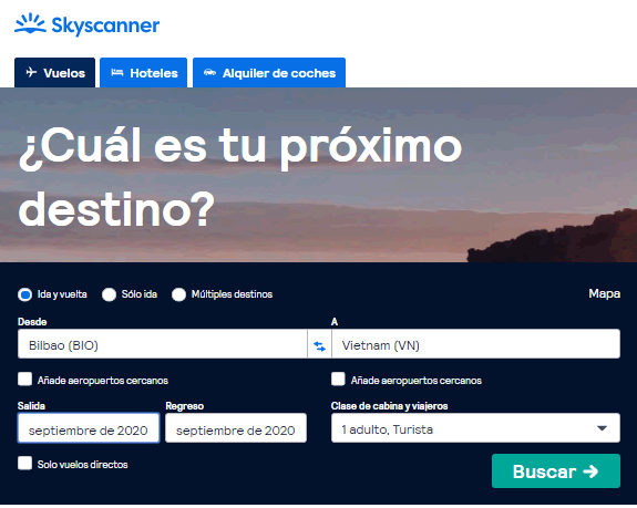 Ejemplo de búsqueda en Skyscanner búsqueda