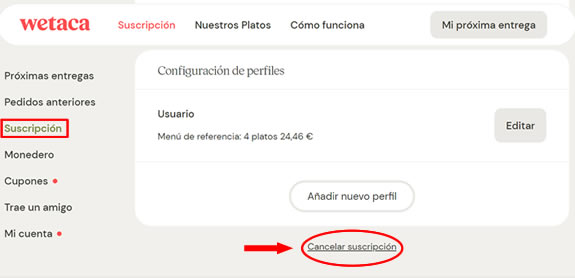 Cancelar suscripción Wetaca