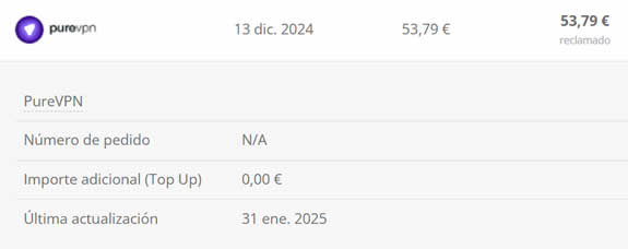 Cashback de VPN reclamado y cobrado