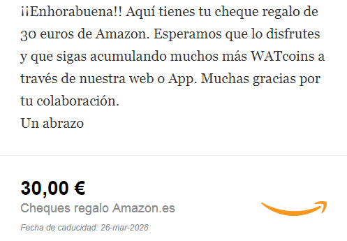 Cheque regalo de 30€ para Amazon ganado en We Are Testers cheque regalo 30€