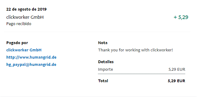 Pago recibido en agosto del 2019 por parte de Clickworker Clickworker pago agosto