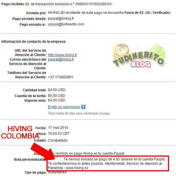 Pago de Hiving Colombia (4 USD) colombia