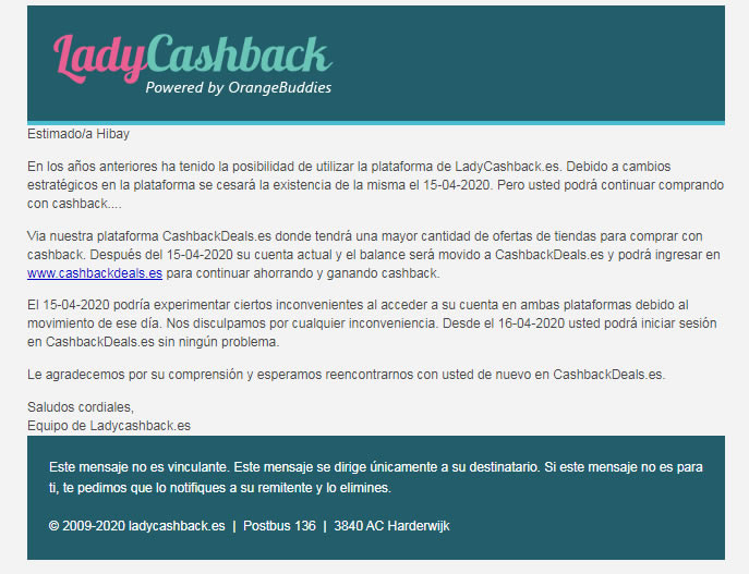 Comunicado Ladycashback comunicado
