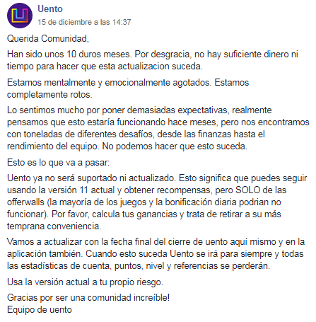 Uento cierra comunicado Uento