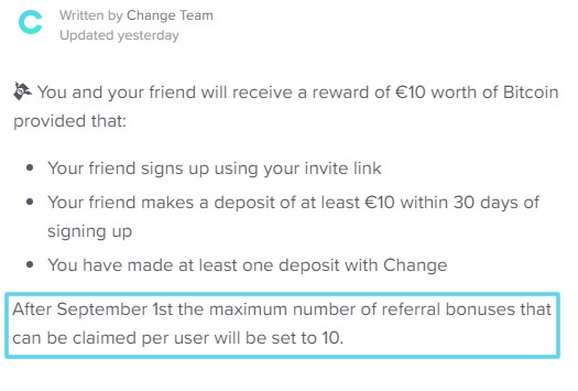 Comunicado de Change Wallet con las nuevas condiciones condiciones