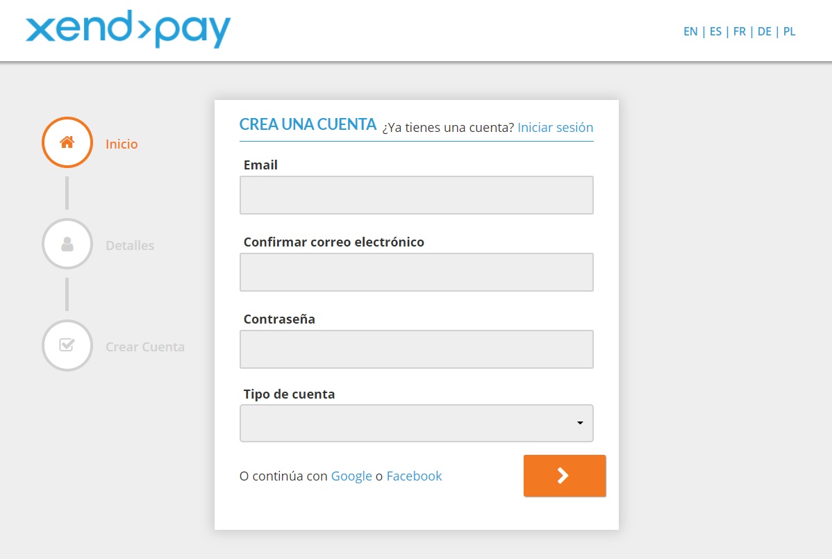 Ficha de registro para Xendpay crear cuenta