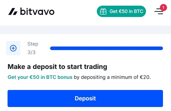 Deposita 20€ para poder desbloquear el premio de 50€ en BTC