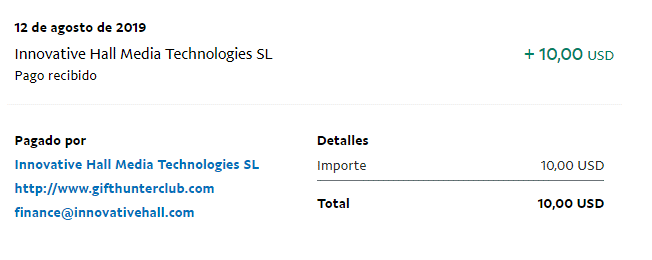 Pago recibido en agosto del 2019 por parte de Gift Hunter Club GHC pago agosto