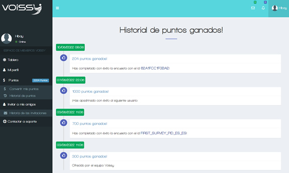 Historial puntos ganados