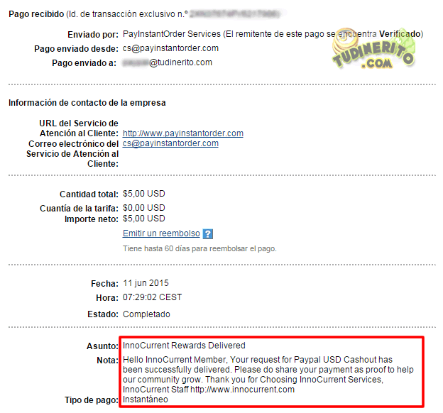 5$ cobrados en Innocurrent innocurrent