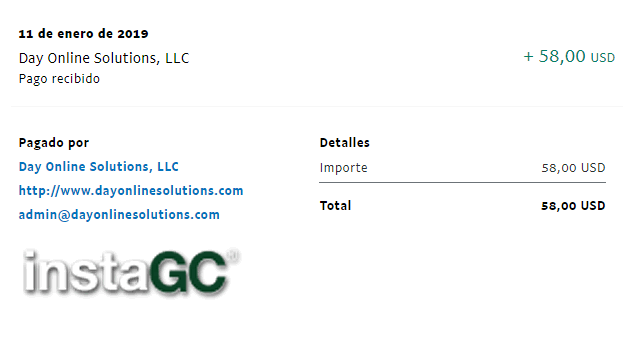 Comprobante del pago de los 58$ ganados en InstaGC prueba pago