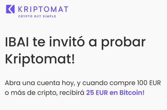 Invitación para Kriptomat con 25 euros en bitcoin