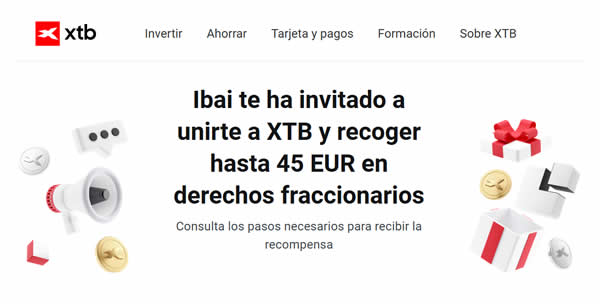 Invitación para XTB por premio de hasta 45€