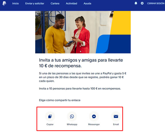 Botones para invitar amigos a PayPal