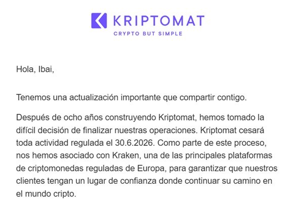 Aviso del cierre de Kriptomat