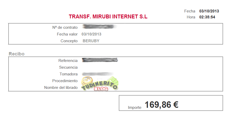 Extracto bancario del pago recibido mirubi-transf